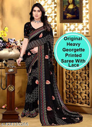 Black Saree with Lace Border, Comfortable Georgette Printed Daily Wear Saree with unstitched Blouse Piece, New Arrival Latest saree, Trending Saree