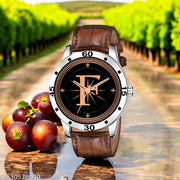 Femeo  Analog 9109 Watches Round Black Dial F Design Stylish Brown Leather Strap Classic Design Fancy Wrist Watch for Men and Boys, Pack of 1 - A07ZALPHA-F-AVO-SIL-DBRW-CRL