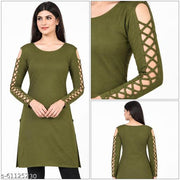 Kanchan World Women's Cotton Solid Long Kurti with Criss-Cross Cut-Out Sleeves | Casual Full Sleeve A-Line Kurta