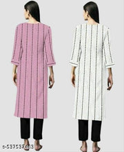 Pack Of 2 Women's Kurti Elegant White & Pink Lining Cotton Printed Ready To Wear Office , Party , Casual Fashionable And Comfortable