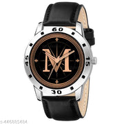 Skoal Analog Round Black Dial ALPHABET M Design Stylish Black Leather Strap Classic Design Fancy Wrist Watch for Men and Boys, Pack of 1 - ALPHA-M-AVO-SIL-BLK-L