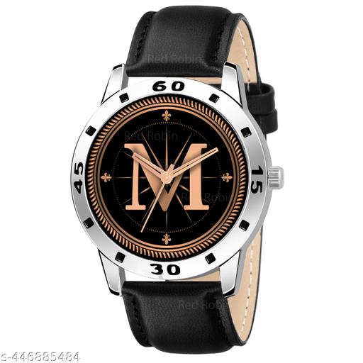 Skoal Analog Round Black Dial ALPHABET M Design Stylish Black Leather Strap Classic Design Fancy Wrist Watch for Men and Boys, Pack of 1 - ALPHA-M-AVO-SIL-BLK-L