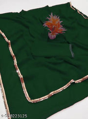 women's stylish green color plain pure fox georgette  fabrics saree with very attractive mirror lace in saree for wedding event party to very comfortable and very fashionable .