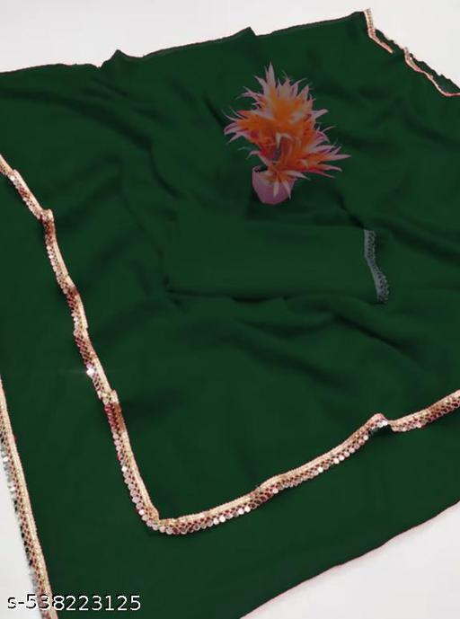 women's stylish green color plain pure fox georgette  fabrics saree with very attractive mirror lace in saree for wedding event party to very comfortable and very fashionable .