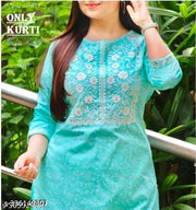 Turquoise Blue Kurti, Blue Embroidered Kurti, Women Straight Kurti, Floral Embroidery, Ethnic Wear, Daily Wear Kurti, Office Wear Kurti, Designer Kurti, 3/4 Sleeve Kurti, Women Fashion