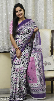 Bagru print cotton mulmul saree with blouse piece