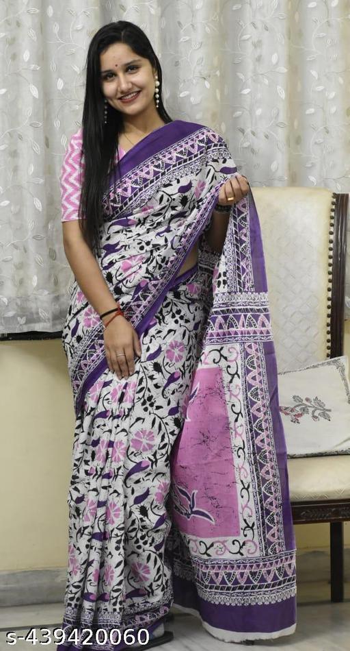 Bagru print cotton mulmul saree with blouse piece