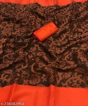 Chiffon Brasso Floral Brown and Orange Color Saree with Contast Color Unstitched Blouse piece