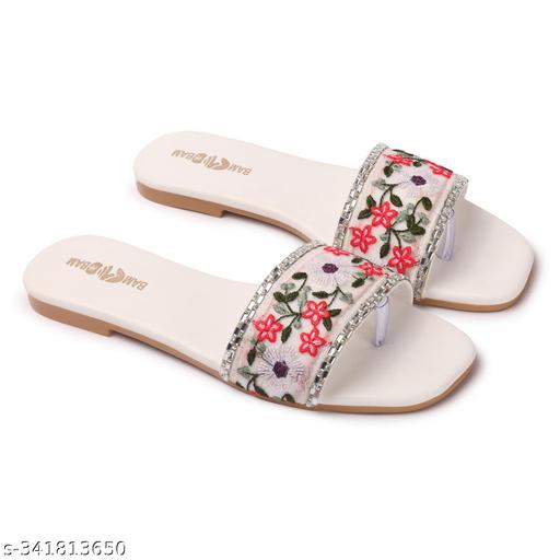 BAMBAM Women's Premium Floral Embroidered Toe Ring Flats for Women | Designer Open Toe Slip-On Casual & Party Wear Footwear