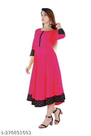 HF HOLYDAY FASHION Cotton Plain and Solid Printed Black Border Anarkali Style Kurti Kurta For Women Latest Design Ladies Dresses Top Round Neck Flared Stylish Party Wear Readymade Frock Fancy Girls Dress   3/4 Sleeve Knee Length Casual Kurtis