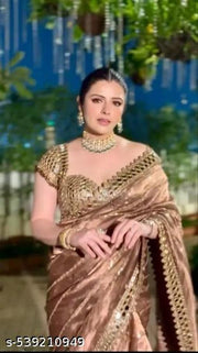 Elegant Women's Gold Silk Saree with Mirror Work and Blouse