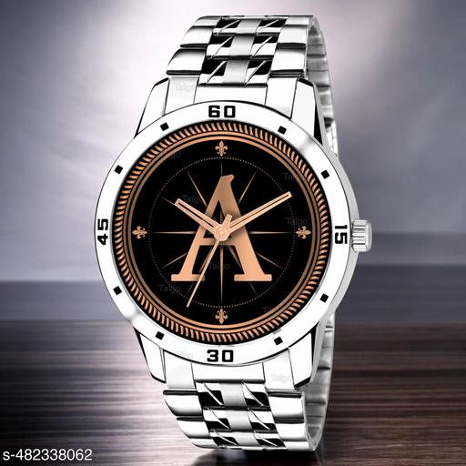 Natrix Analog Round Black Dial ALPHABET A Design Stylish Silver Stainless Steel Strap Classic Design Fancy Wrist Watch for Men and Boys, Pack of 1 - ALPHA-A-AVO-SIL-STL