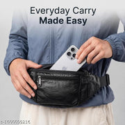 Genuine Leather Waist Bag for Men & Women | Premium Black Leather sling beg for women | Adjustable Belt Bag | Multi-Zip Travel Waist Pouch | Mobile, Wallet & Cash Organizer | Crossbody Sling Bag