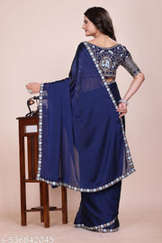 Women's Navy Blue Heavy Embroidered Silk Saree with Cutwork Border & Figure Designer Blouse Piece