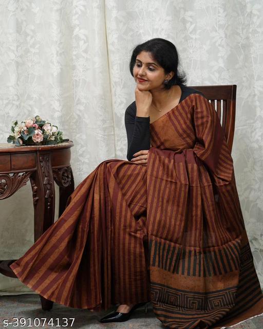 Latest Pure Cotton Mulmul Saree Hand Block Printed,Mulmul Cotton,Hand Printed,Handloom Bagru Print Saree In Multicolour