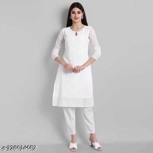 Arth World Women's Embroidered Georgette Straight Kurti