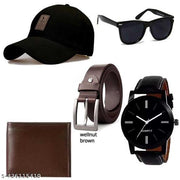Pack of 5 Stylish Dial Watch, Stylish Sport Baseball Cap & Stylish  Wayfarer Sunglass  Wellet Belt for Men's and Boy's (Pack of 5) (pack of 5..)summer accesories |fashionable combo|branded combo|voguish cap|latest cap|designer cap|