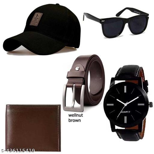 Pack of 5 Stylish Dial Watch, Stylish Sport Baseball Cap & Stylish  Wayfarer Sunglass  Wellet Belt for Men's and Boy's (Pack of 5) (pack of 5..)summer accesories |fashionable combo|branded combo|voguish cap|latest cap|designer cap|