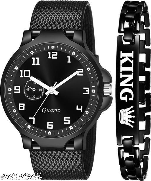 NEW ARRIVAL BLACK KING BRACELET WITH BLACK DIAL AND MESH STRAP SPORTY LOOK ANALOG WITH QUARTZ WATCH