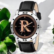 Natrix Analog Round Black Dial ALPHABET R Design Stylish Black Leather Strap Classic Design Fancy Wrist Watch for Men and Boys, Pack of 1 - ALPHA-R-AVO-SIL-BLK-L