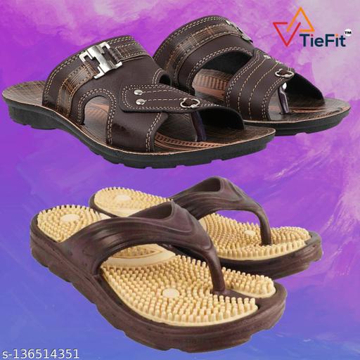TieFit Men's Accupressure Non-Slip Slippers & TieFit Men's Thong Slipper Combo Pair Of 2