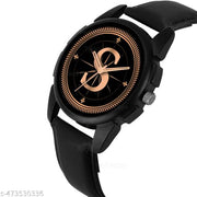 Prathshya Analog Round Black Dial ALPHABET S Design Stylish Black Leather Strap Classic Design Fancy Wrist Watch for Men and Boys, Pack of 1 - ALPHA-S-J16-BLK-L