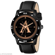 Prathshya Analog Round Black Dial ALPHABET A Design Stylish Black Leather Strap Classic Design Fancy Wrist Watch for Men and Boys, Pack of 1 - ALPHA-A-AVO-BLK-L