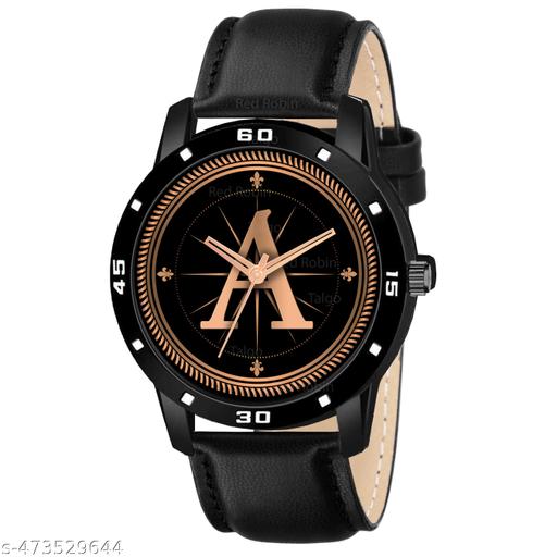 Prathshya Analog Round Black Dial ALPHABET A Design Stylish Black Leather Strap Classic Design Fancy Wrist Watch for Men and Boys, Pack of 1 - ALPHA-A-AVO-BLK-L