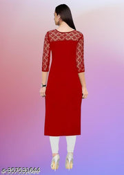 Polyster/Crepe fabric-Casual And Round-Neck 3/4 Length Sleeve Red Kurti (42"Inches)
