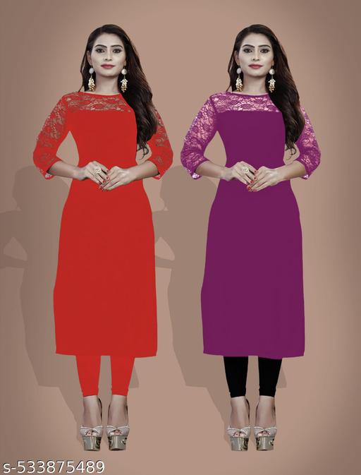 Casual American Crepe And Rasal Net Round Neck 3/4 Sleeves Stylish Pack Of 2 Kurtis For Womans (45"Inches)