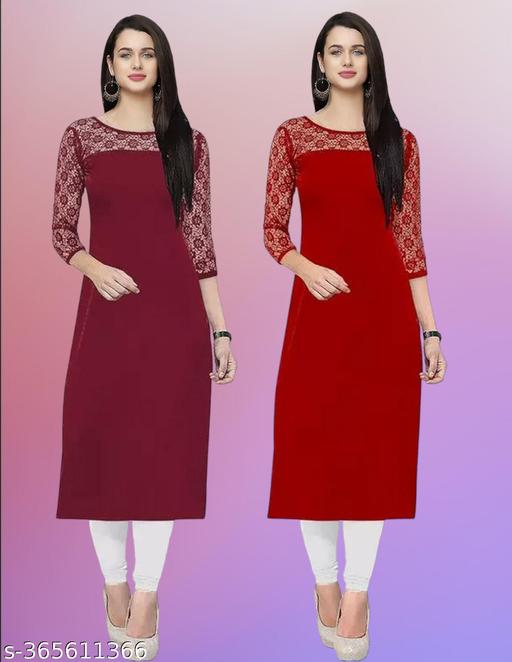 Pack of 1 Casual American Crepe And Net Round-Neck 3/4 Length Sleeves Maroon & Red Kurti (42"Inches)