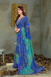 Blue bandhani saree with Lace Border, Comfortable Georgette Printed Daily Wear Saree with unstitched Blouse Piece, New Arrival Latest saree, Trending Saree