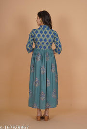 INDIANIC Women Rayon Gold Print Flared Kurta (Green)