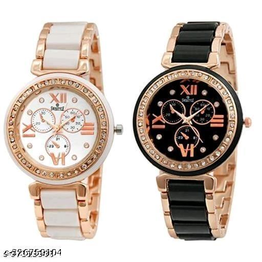 Trendy Rose Gold Women's Analog Watches Combo – Stylish Black & White Dial Wrist Watch Set
