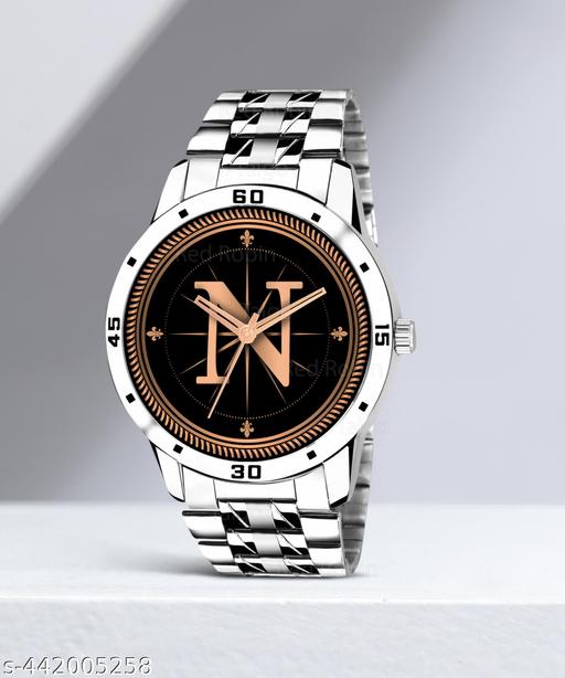 Talgo Analog Round Black Dial ALPHABET N Design Stylish Silver Stainless Steel Strap Classic Design Fancy Wrist Watch for Men and Boys, Pack of 1 - ALPHA-N-AVO-SIL-STL