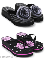 Feens Black EVA Light Weight Bindi Phool and Flower Printed Heel Slippers Flip Flop for Women & Girls Combo of 2