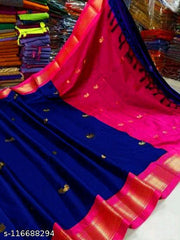 Paithani Cotton Silk Navy Blue Tassels and Latkans Saree With blouse