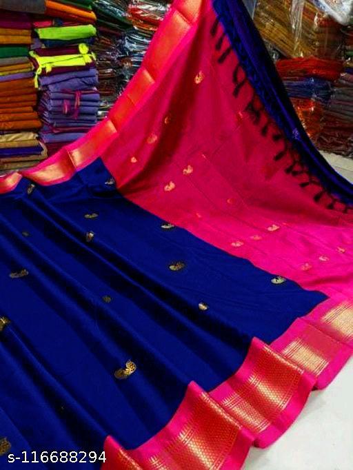 Paithani Cotton Silk Navy Blue Tassels and Latkans Saree With blouse