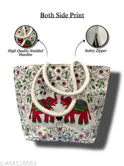 Stylish Canvas Bag with Bold Red Elephant Print & Studded Handle – Perfect for Every - day Use!