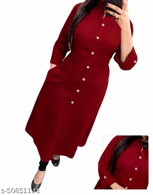 Trendy Attractive Traditional Women Maroon Solid Daily Wear A-Line Kurtis With Mandarin Collar & Pocket (Latest Design for Festive Season 2026)