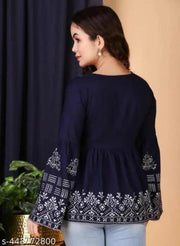 Flawsome Stylish Round Neck Full Length Printed Embroidery Work Above Knee Kurti For Women Fashion(Black)