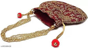 Women's Embroidered Silk Potli Bag with Pearl Handle & Drawstring Closure | Ethnic Bridal Clutch for Wedding, Party, Festive & Return Gift