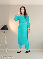 Women Georgatte Chikankari Straight Kurta