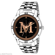 Talgo Analog Round Black Dial ALPHABET M Design Stylish Silver Stainless Steel Strap Classic Design Fancy Wrist Watch for Men and Boys, Pack of 1 - ALP-M-AVO-SIL-STL
