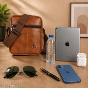 IdealBags (1) Three Pocket Premium PU Leather Small Side Bag for Men | Crossbody Messenger Bag