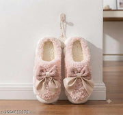 Women's Soft Fur Winter Slippers with Elegant  Bow | Warm Plush Indoor House Slides