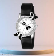 Dimond Studded Flower Design Dial PU Strap Analog Girl's and Women's BLACK Watch(PACK OF 1)