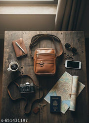 Unisex Retro Faux Leather Sling Bag | Compact Travel Side Bag with Multi-Pockets & D-Ring| Cross bady bag | Pure leather finish | Brown colour sling bag.