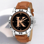 Krolexe Analog Round Black Dial ALPHABET K Design Stylish Beige Leather Strap Classic Design Fancy Wrist Watch for Men and Boys, Pack of 1 - ALP-K-AVO-SIL-TAN-CRL