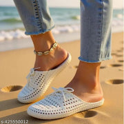 Monoction Elegant Women Woven Mesh Lace-Up Mule Slippers | Breathable Hollow-Out Casual Sandals | Lightweight Flexible Rubber Mules